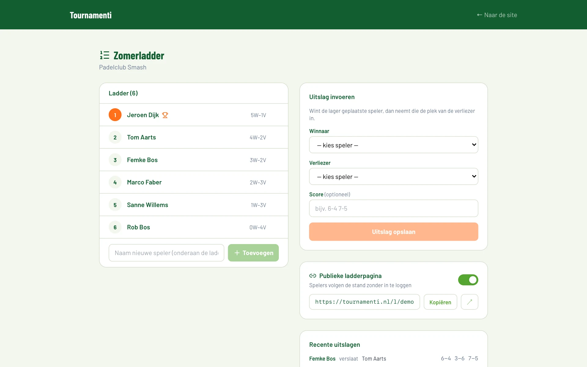 Ladderbeheer met spelerslijst, uitslag invoeren en publieke pagina-instellingen